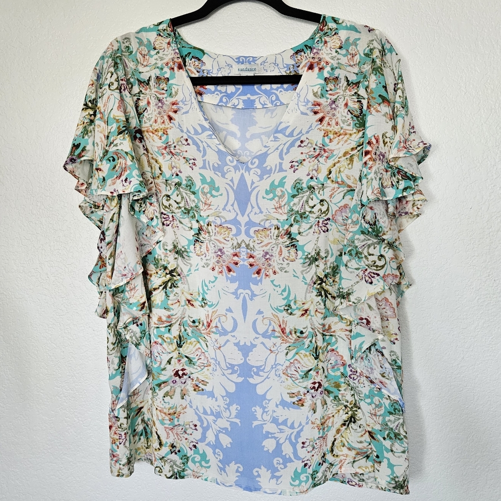 Sundance Arabella Flutter Ruffle Sleeve Mix Floral Print Short Sleeve Blouse